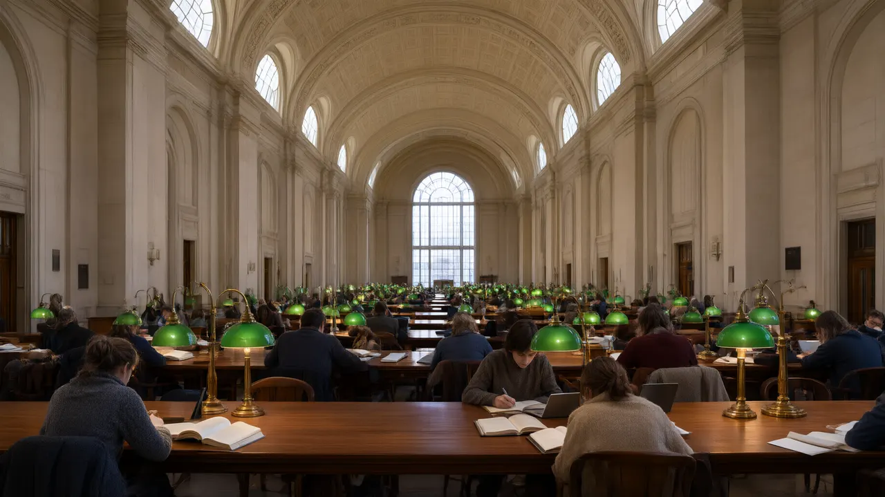 Interior of Bates Hall in Boston Public Library with readers at long tables