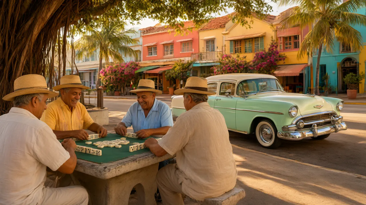 Street scene in Little Havana with domino players