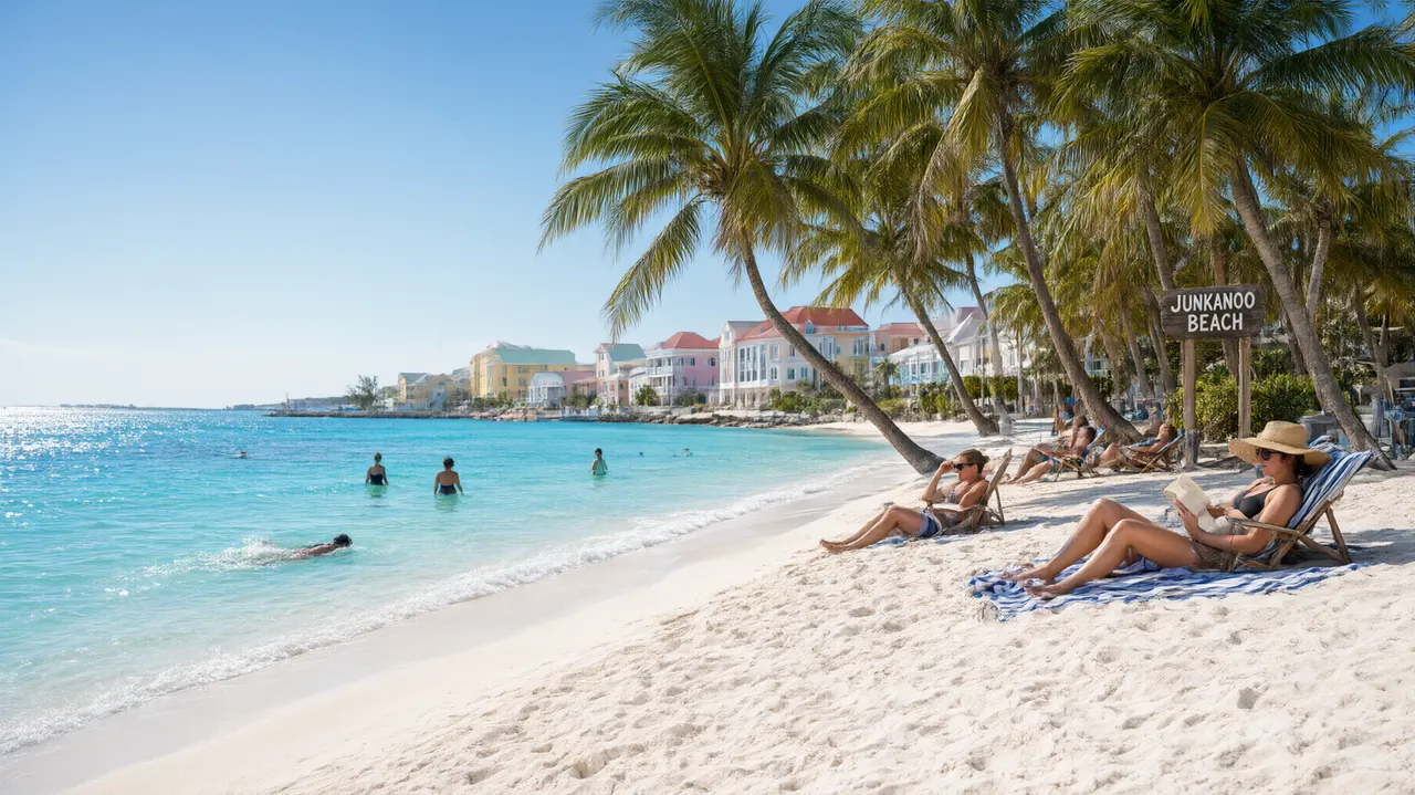 People enjoying Junkanoo Beach with downtown Nassau in the background