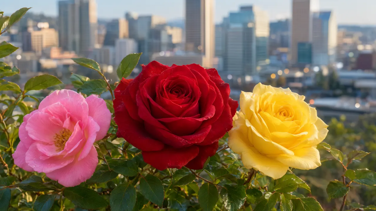 Colorful roses blooming in the International Rose Test Garden with city skyline.