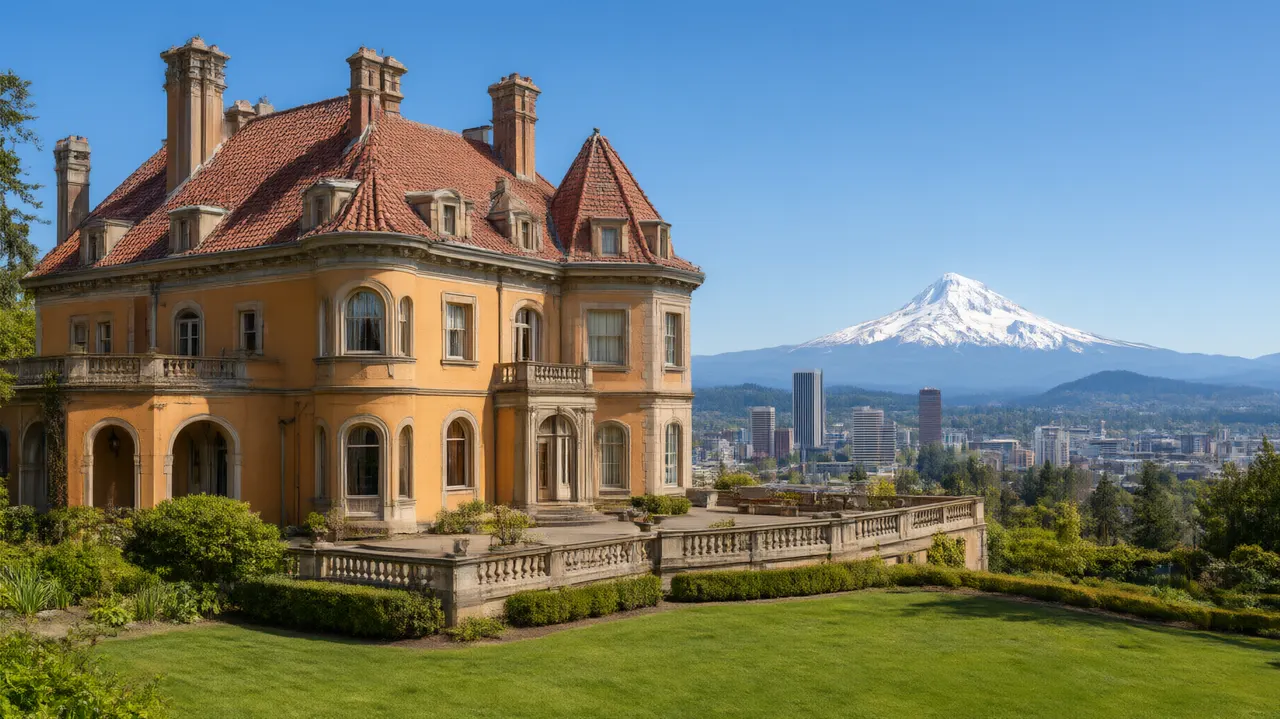 Pittock Mansion with a panoramic view of Portland and Mount Hood.