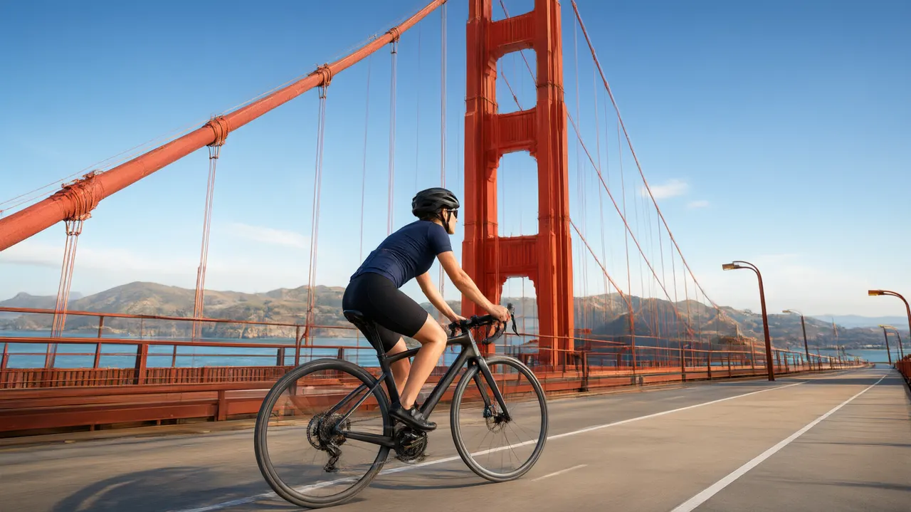 Person cycling across the Golden Gate Bridge